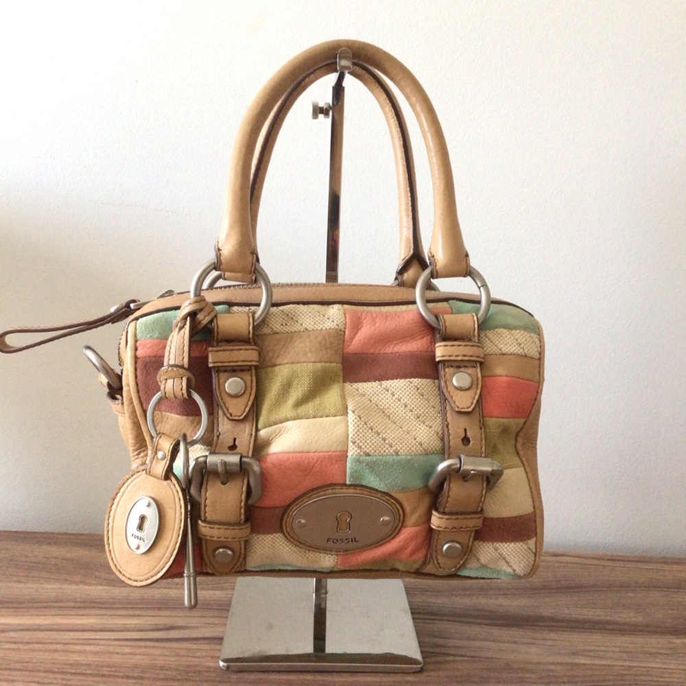 Fossil 00’s Leather Suede Colorful Patchwork Satchel Top Handle Bag Key Y2K
